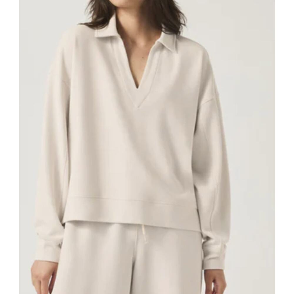 New Splendid Waffle Scuba Polo Sweatshirt, Cream‎ Size Medium